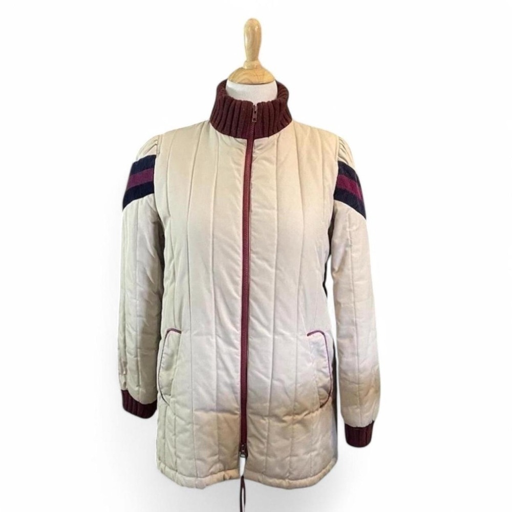 VTG 80s JCPenney Sz M Quilted Bomber Jacket Korea Cream Burgundy Stripe